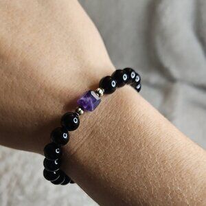 Amethyst and Black Agate Crystal Gemstone Bracelet 6mm